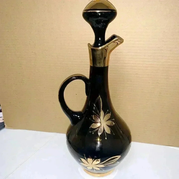 Romanian MidCent Smoked Glass 22k Gold Carafe Decanter Czech Bohemian - Picture 13 of 16